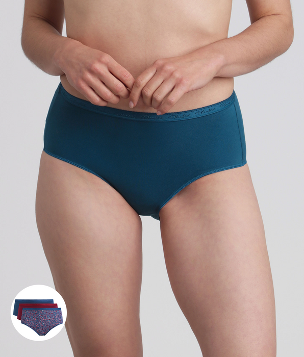 Playtex® Lote de 3 bragas midi rojo carmín, estampado verde y verde pino Algodón Bio