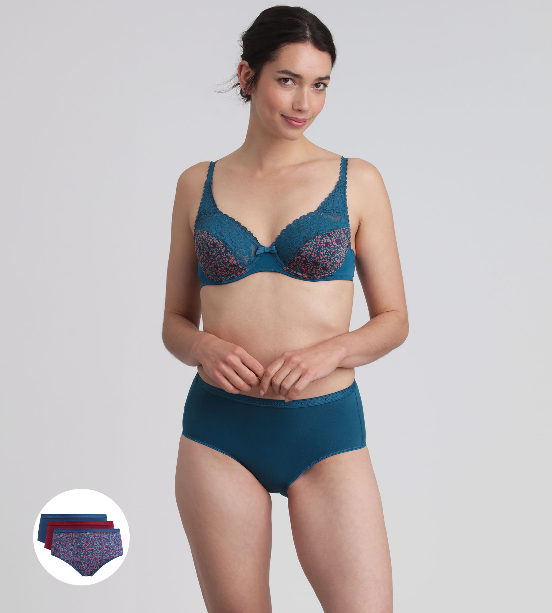 Playtex® Lote de 3 bragas midi rojo carmín, estampado verde y verde pino Algodón Bio