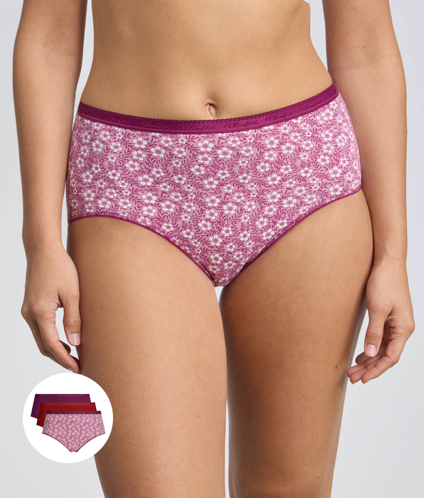 Playtex® Pack de 3 bragas rojo, morado y estampado floral Algodón Orgánico