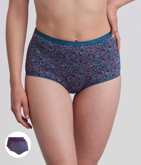 Playtex® Lote de 3 bragas talle alto rojo carmín, estampado verde y verde pino Algodón Bio