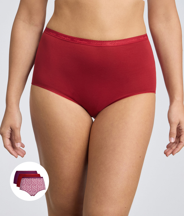 Playtex® Pack de 3 bragas de talle alto rojo, morado y estampado floral Algodón Orgánico